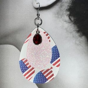 Patriotic Red White Blue Faux Leather Dangling Earrings with Red Gem